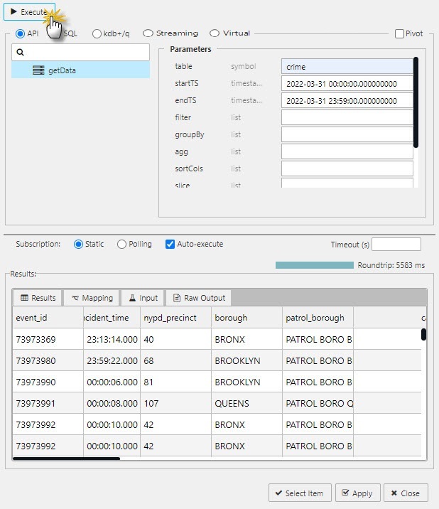 Execute to run a query. Results will load in the lower panel of the editor dialog.