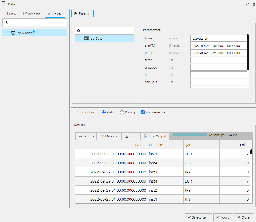 All view queries require a table name, start and end timestamp; execute, apply and select to add data to the component.