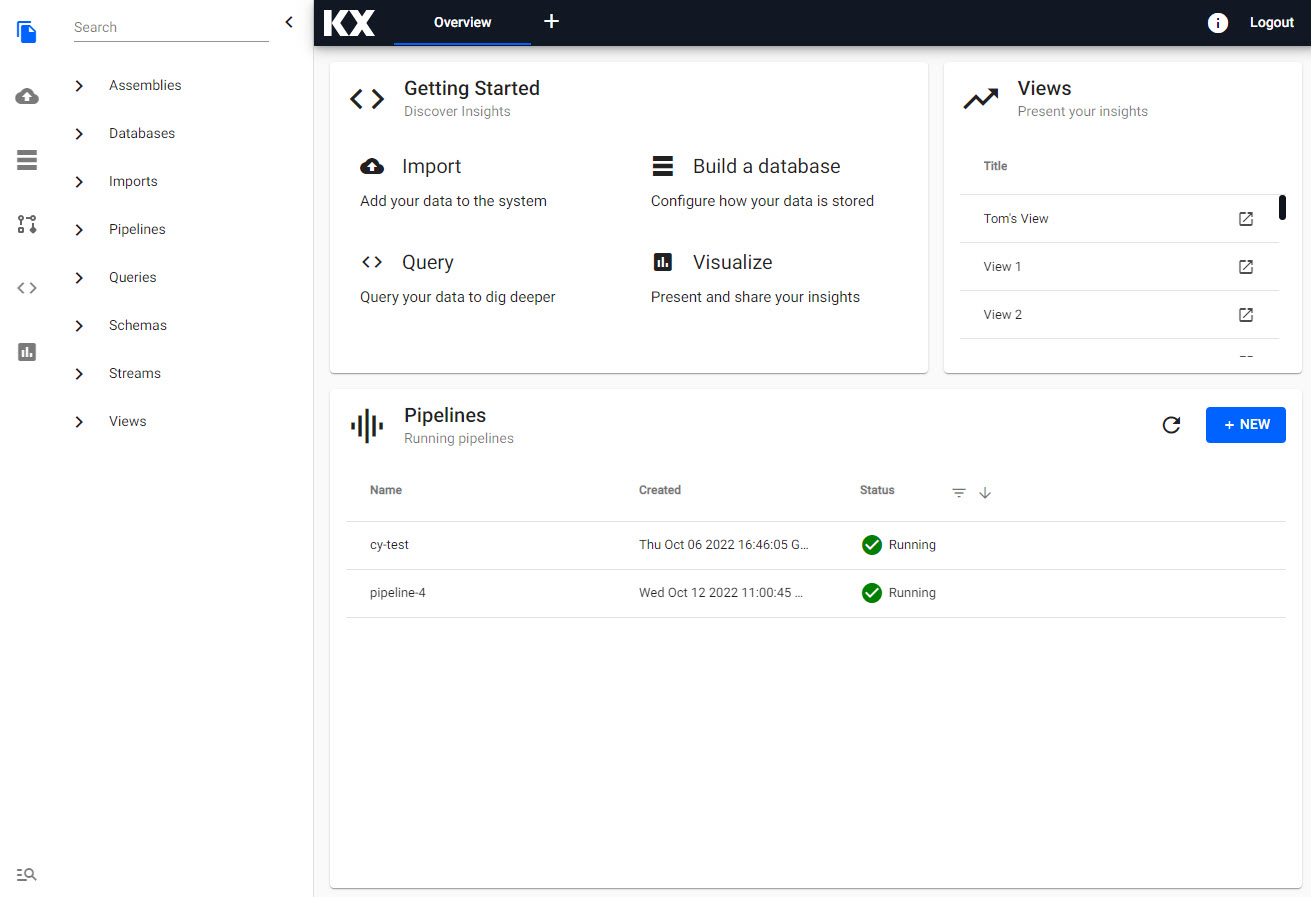 The home page of KX Insights Platform is the Overview screen.