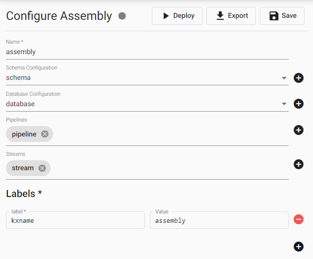 Overview of Assembly view with options to name, add schema, add database, add pipelines, add streams and set labels for an Assembly.