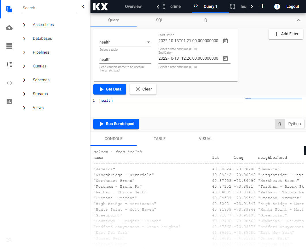 The query view allows user interact with their data using kdb+/q and sql, with additional ad hoc investigations done in a scratchpad with q/sql or python.