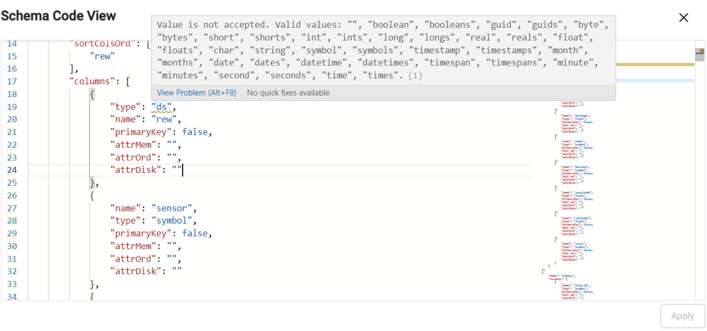 Suggested JSON attributes for selected schema property.