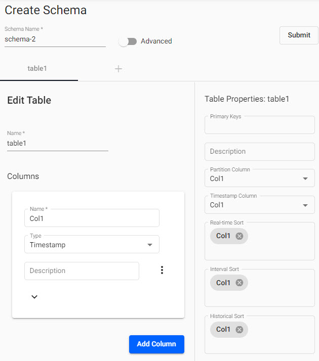 A schema consists of a table name, a list of data columns of defined kdb+ types, and a defined partitioned timestamp column