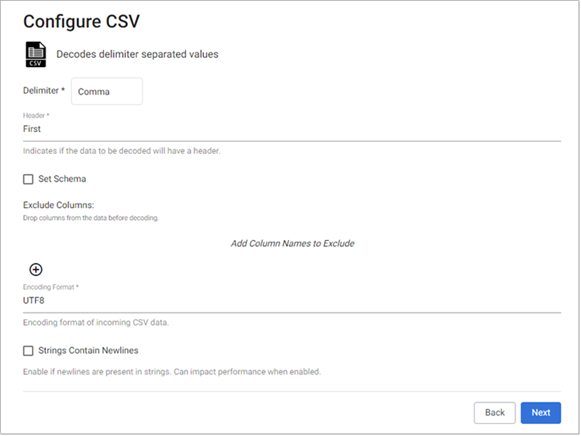 Keep the default CSV decoder settings.