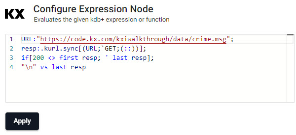 An Expression node with kdb+/q code for crime data.