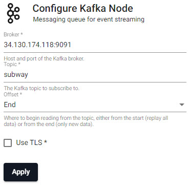Kafka node properties for Broker, Topic and Offset.