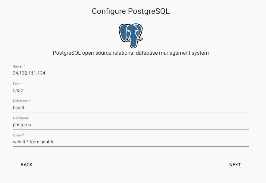 Define PostgresSQL import properties for server, port, database, username and query.