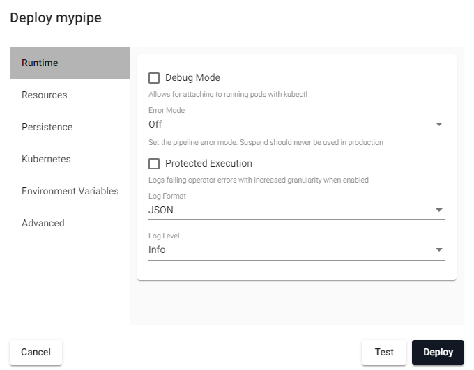 Pipeline deployment dialog with option for a test deploy and a full deploy.