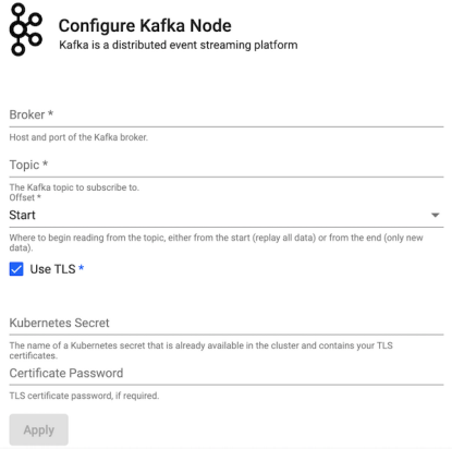 Pipeline properties for a Kafka import.