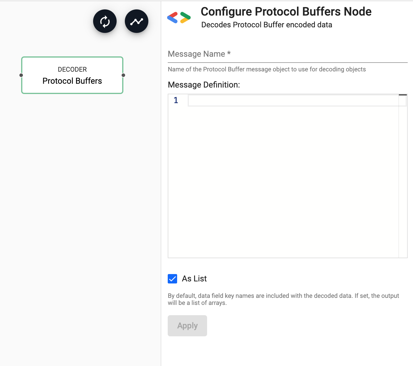 Configure protocol buffers node properties.