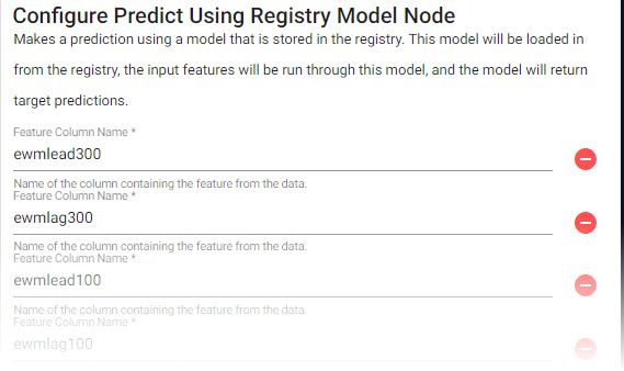In the _Predict Using Registry_ node, add a _Feature Column Name_ for the variables defined in the previous function node.