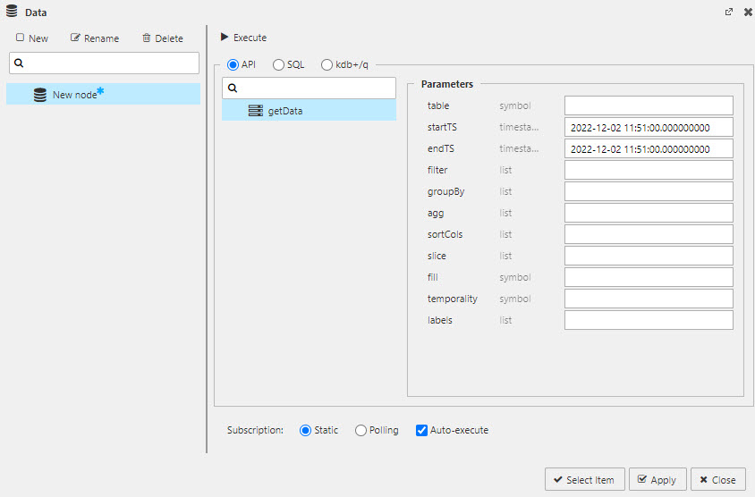 The Data Editor with getData API selected.