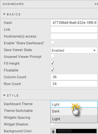 To access the Dashboard properties menu, ensure no component is selected in the workspace.