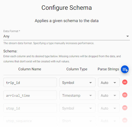 Review the subway schema. **Parse Strings** is set to auto for all fields.