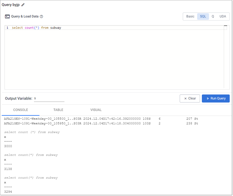 A SQL query reporting a count of events from the Kafka feed.