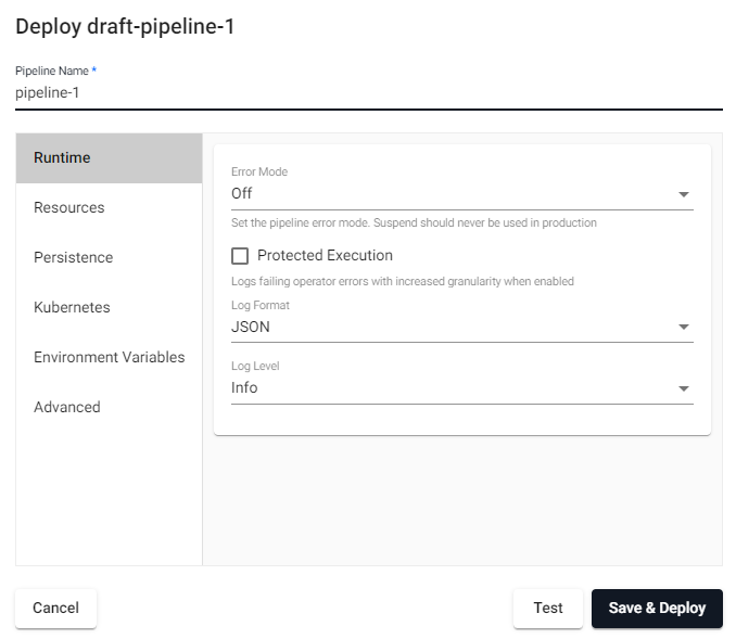 Pipeline deployment dialog with option for a test deploy and a full deploy.