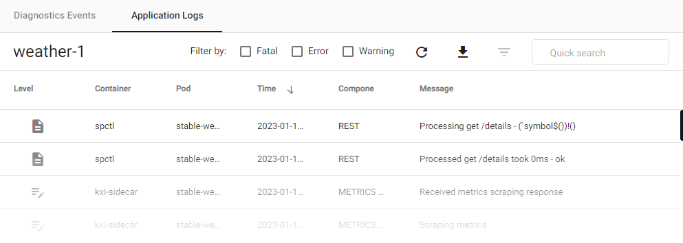 Application logs of reported errors during deployment.