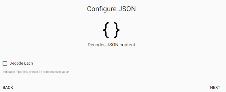 Keep default JSON decoder settings; Decode Each is left unchecked.