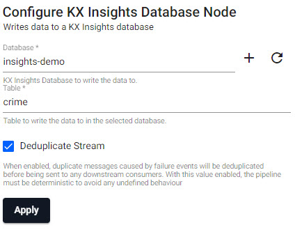 The crime **writer** node writes the data to the kdb Insights Enterprise database.