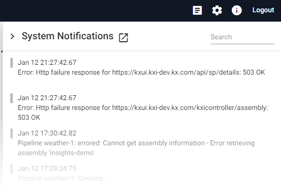 Slider panel with time series system notifications.