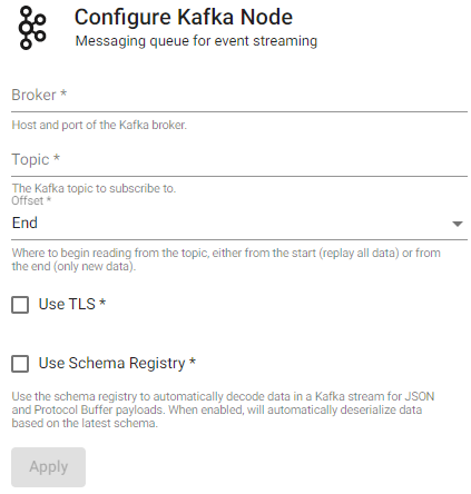 Pipeline properties for a Kafka import.