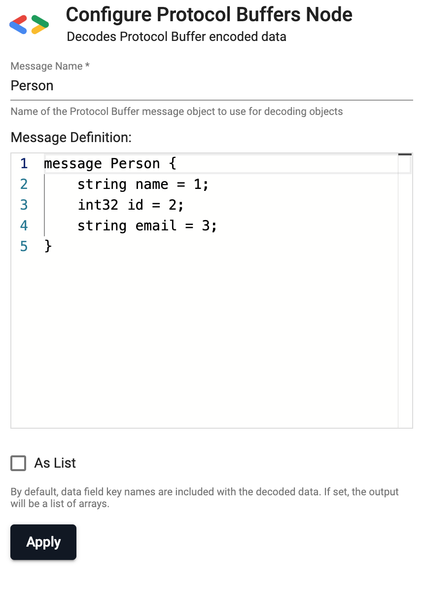 Protocol Buffers example configuration