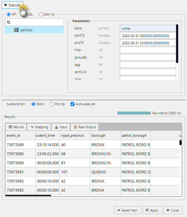 Execute to run a query. Results will load in the lower panel of the editor dialog.