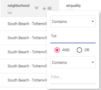 Column filter available on selection of "triple bar".