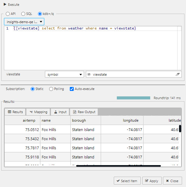 An example of adding a viewstate to a q query; example used is the weather data set on the idb database.