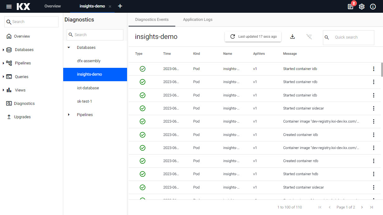 Selecting a pipeline shows the Diagnostic Events and Application Logs for the deployment.