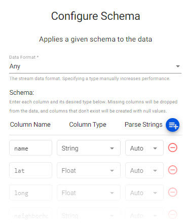 Review the health schema; **Parse Strings** is set as auto for all fields.
