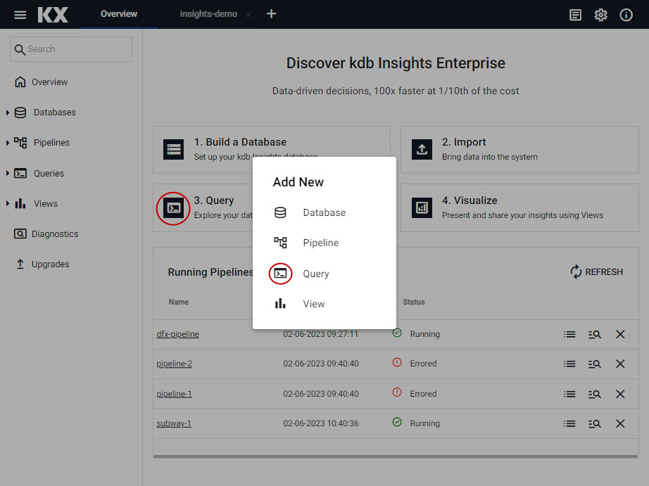 Open the query tab from the left-hand or ribbon menu by clicking [+], or from the Overview page.