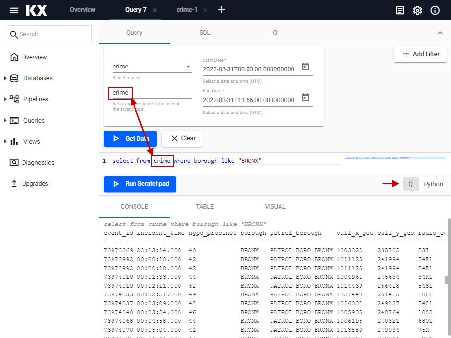 A scratchpad q query selecting crime data from the Bronx.