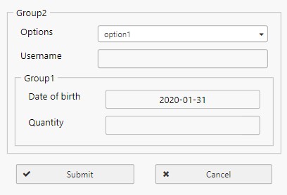 Example of nested form groups configured in kdb