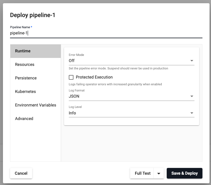 Pipeline deployment dialog with option for a test deploy and a full deploy.