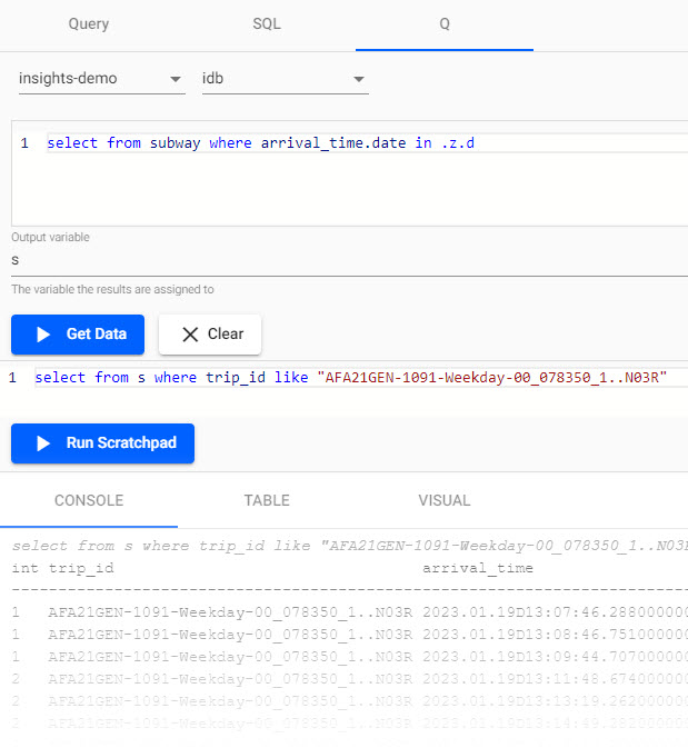A q query run in scratchpad for a selected trip.