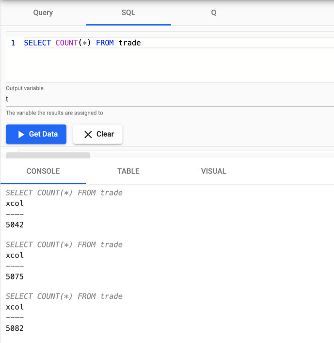 A SQL query reporting the count of trade events from the Kafka feed.