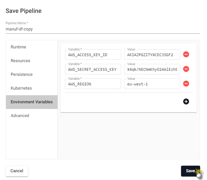 Define the **Environment Variables** to access the machine learning model stored on AWS.