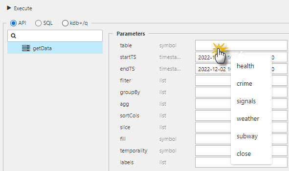 Inside data editor, select API and from the _table_ menu, select a data table.