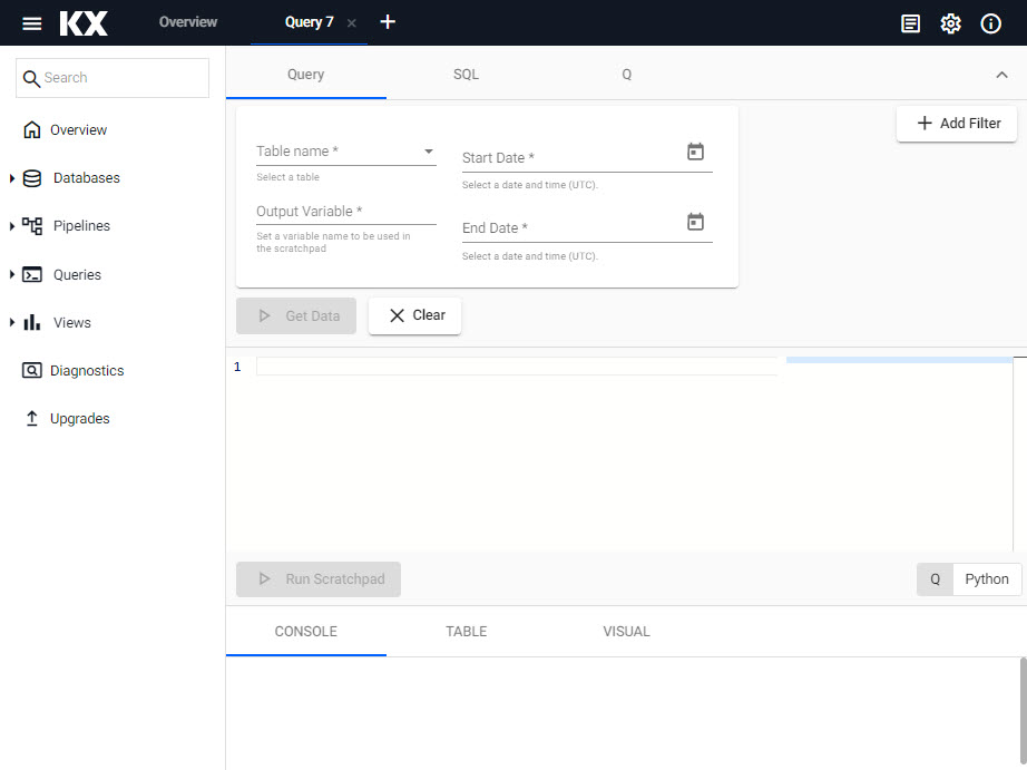 The query page has a filter option, a SQL and a kdb+/q query option.