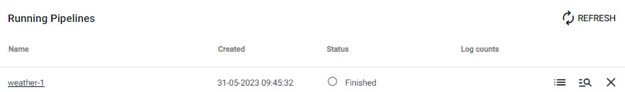 A successfully deployed pipeline shows as Finished under *Running Pipelines*.
