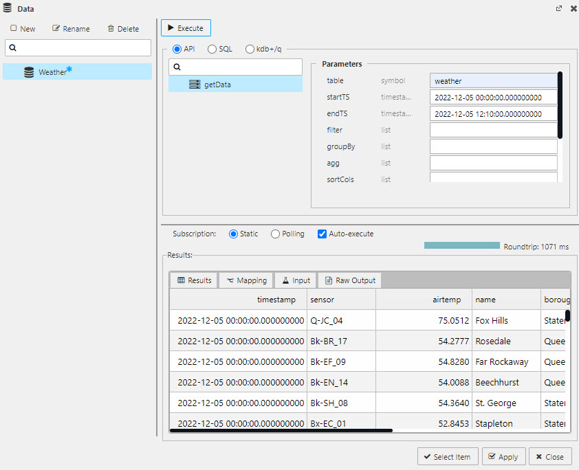 Querying data with the API. Select database table name and define the **startTS** and **endTS** as found in the data Timestamp column.