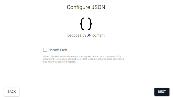 Keep default JSON decoder settings; Decode Each is left unchecked.