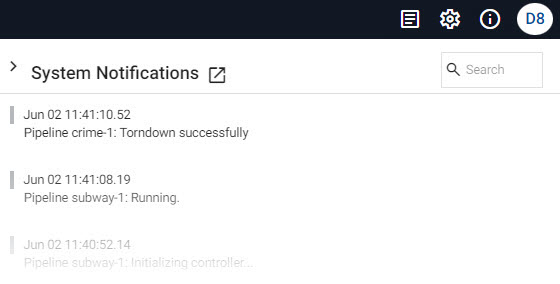 Slider panel with time series system notifications.