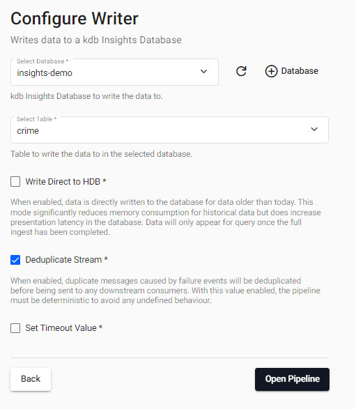The crime **writer** node writes the data to the kdb Insights Enterprise database.