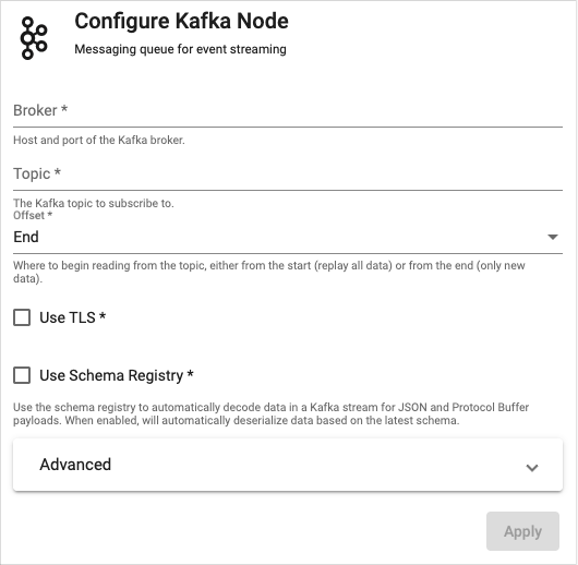 Pipeline properties for a Kafka import.