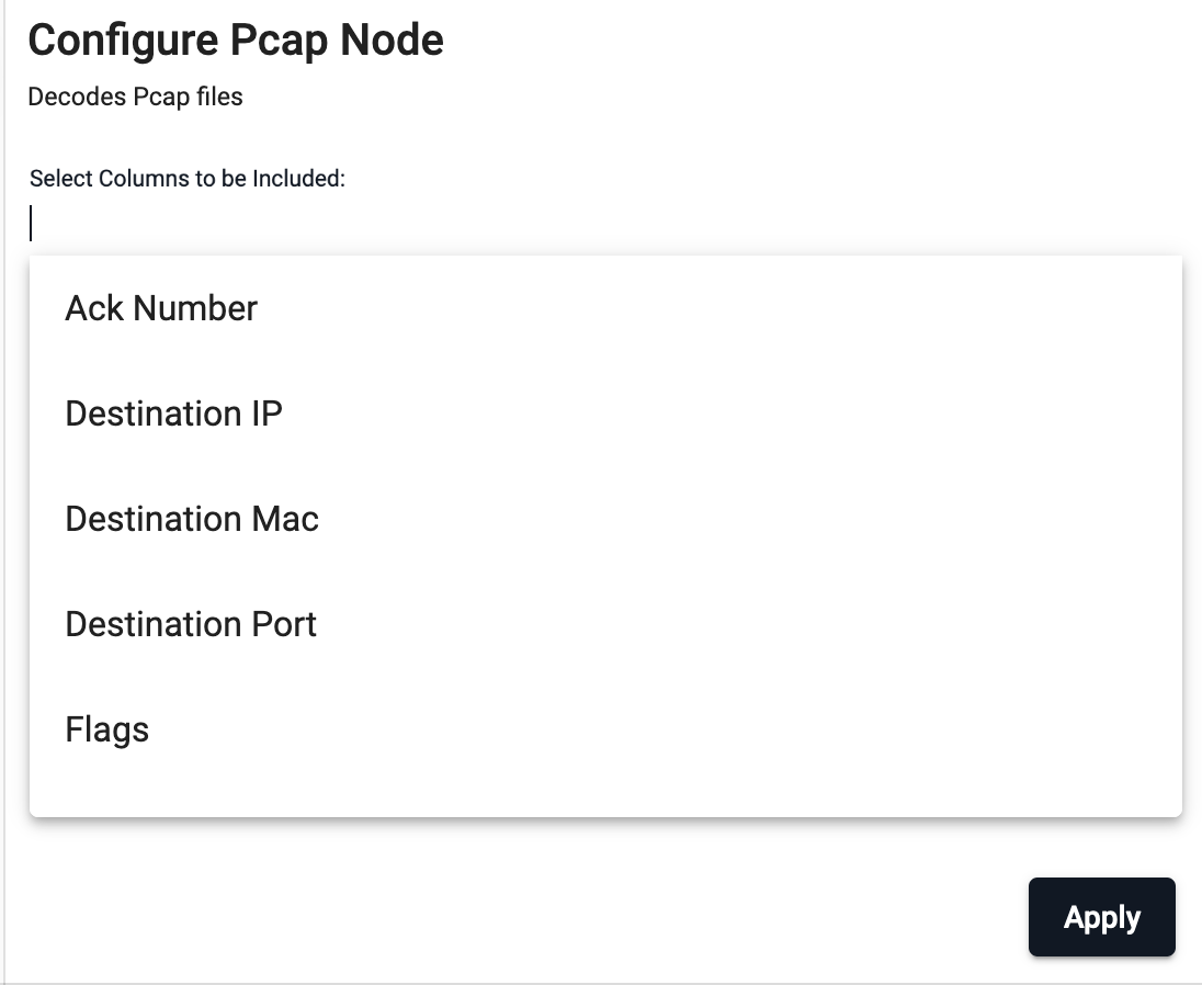 Pcap decoder node properties