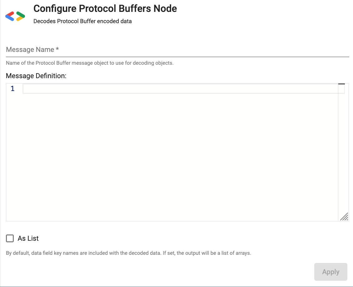 Configure protocol buffers node properties.