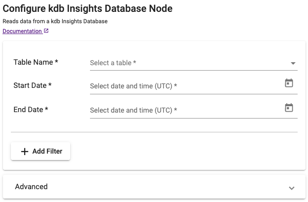 kdb Insights Database reader properties