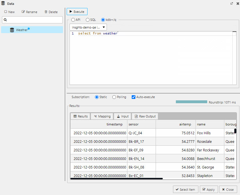 Querying data with the q editor. Use a simple "select from tablename" as a starter.